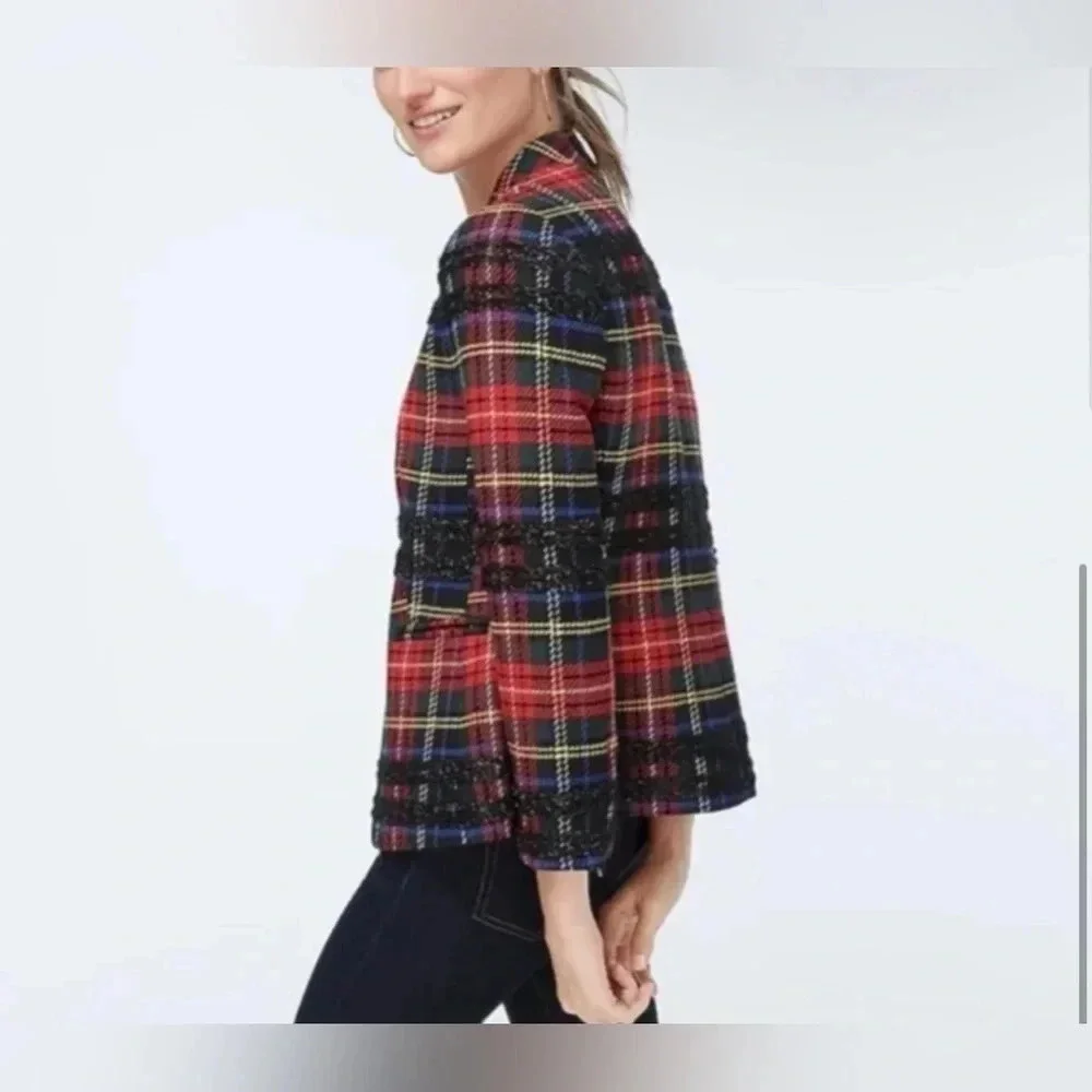 J. Crew Going-Out Lurex Metallic Steward Tartan Blazer Red Plaid Size 4 NWT